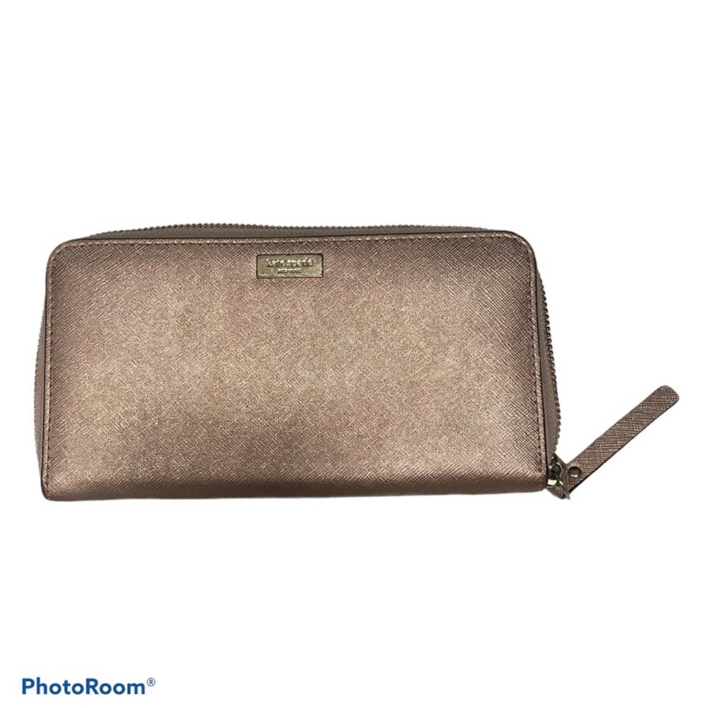 Kate Spade New York Large Rose Gold Shiny Wallet Pink Crossgrain Leather